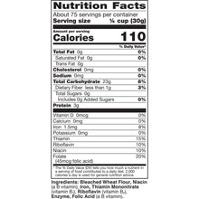 Nutrition facts panel on flour bag with serving and calorie information