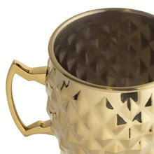 Gold stainless steel Moscow mule mug with diamond texture and open top view