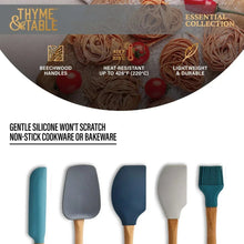 5-piece silicone utensil set with beechwood handles, blue, gray, and teal heads