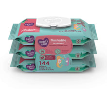 Flushable wipes multipack in teal and pink with 144 wipes count