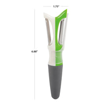Dual-sided peeler with twin blades; white and green head and gray grip