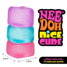 Stack of NeeDoh Nice Cube squishy square toys in purple, blue, and pink
