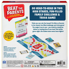Back of family trivia game box with rules, contents, and board layout