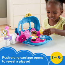 Dancing carriage playset with horse figure and two princess figures on pink platform