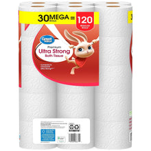 Toilet paper roll pack with 30 mega rolls and product information panel