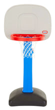 Kids basketball hoop backboard with red rim, blue stand, black base