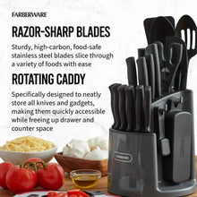 Rotating carousel knife and tool set with black blades and handles in a gray caddy