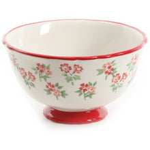 Floral ceramic dinner bowl with red rim and foot, multicolor bouquet pattern
