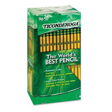 Ticonderoga 96-count HB #2 pencil box with yellow woodcase pencils and green front