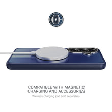 Metallic blue phone case with round magnetic charging accessory on top