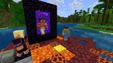 PlayStation 5 game scene with characters beside a portal and lava tiles