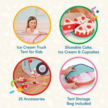 Fabric dessert pop-up tent with sliced cake pieces and a blue tent storage bag