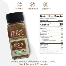 Garam masala spice bottle with nutrition facts panel, black cap, brown spice