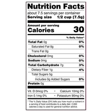 Nutrition Facts panel for freeze-dried strawberry fruit crisps, serving size 1/2 cup (7.5 g)