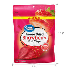 Freeze-dried strawberry fruit crisps pouch dimensions: 7.75 in W x 10.5 in H