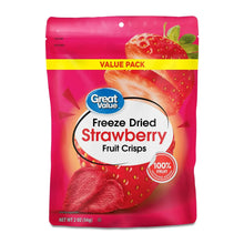 Freeze-dried strawberry fruit crisps pouch, pink with strawberry graphic and Great Value logo