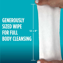 White pre-moistened washcloth sheet, 12 x 8 in size held in hands