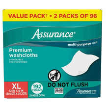 Disposable pre-moistened washcloths box, XL size, teal front with 192 count label