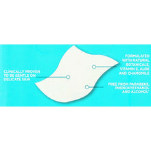 Pre-moistened washcloth cutout with benefit callouts and arrow markers on card