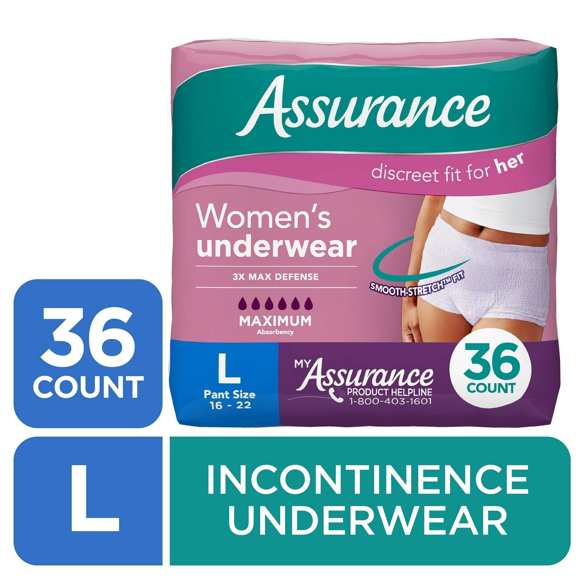 (2 pack) Assurance Women's Incontinence and Postpartum Underwear, L, Maximum Absorbency, 36 Count