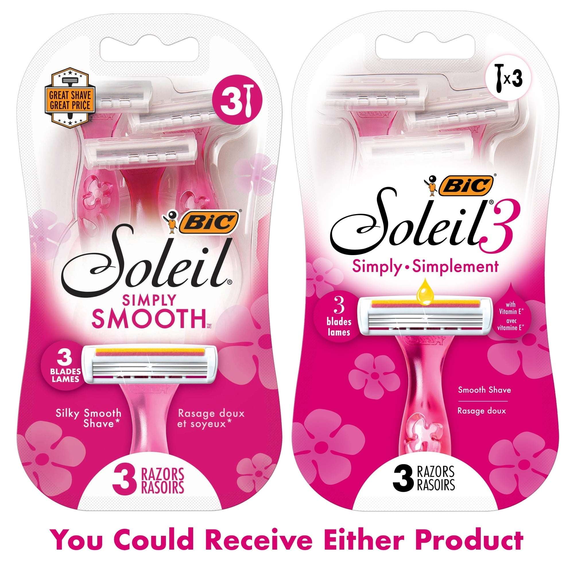 (Paquete de 2) BIC Soleil 3 Simply, Maquinillas de Afeitar Desechables para Mujer, 3 Cuchillas, 3 unidades