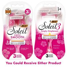Two blister packs showing 3-blade disposable women’s razors, pink floral handles