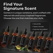 Beard and hair oil bottles with amber liquid and black caps, 6 variations shown