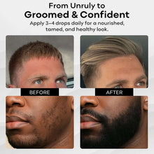 Beard and hair oil grooming results, before and after on a man's face