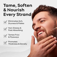 Beard and hair oil dropper applied to a man’s beard and cheek