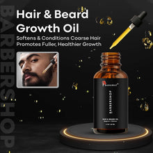 Hair and beard growth oil bottle with amber liquid and black dropper cap