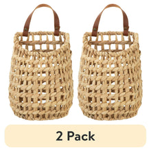 2-pack hanging woven water hyacinth baskets with brown faux leather handles
