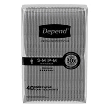 Gray Depend incontinence underwear, folded stack in clear plastic bag