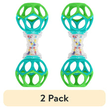 Green and clear baby shaker rattle toy with two ball-shaped grips