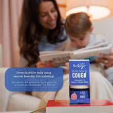 Oilogic vapor chest rub jar on table with baby and reading parent
