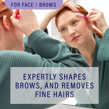 Woman shaping brows with face dermaplaning razor to remove fine hairs