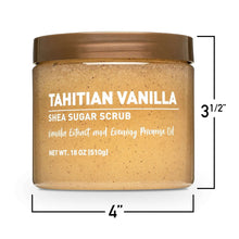 Tahitian vanilla shea sugar scrub jar with size marks: 4 in wide, 3 1/2 in tall