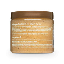 Shea sugar scrub jar back label, brown lid, tan scrub texture