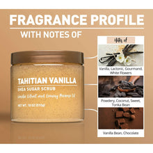 Tahitian vanilla shea sugar scrub jar with fragrance profile notes diagram