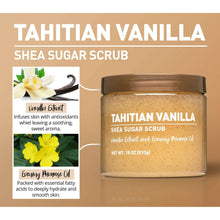 Tahitian vanilla shea sugar scrub jar with packaging infographic panels