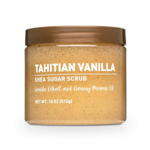 Shea sugar scrub jar with Tahitian vanilla label, brown cap, tan gritty texture
