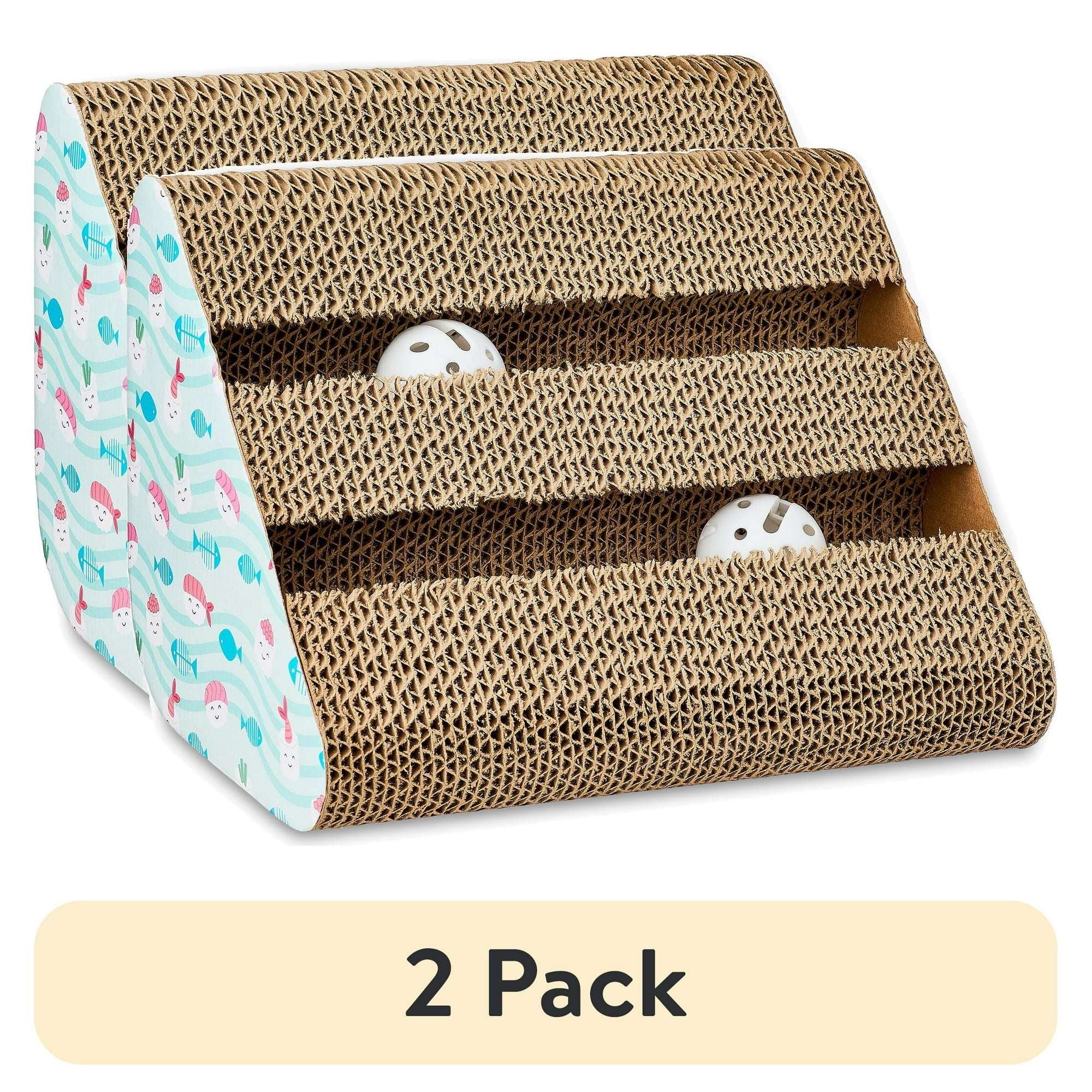 (2 pack) Vibrant Life Cat Scratching Pad, Corrugated Cardboard Activity Center, 3-Sided, Fish & Sushi Print, 7.5" x 10.5" x 7.5"