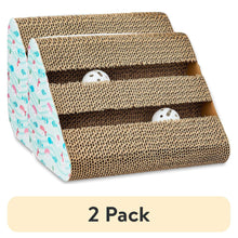 Corrugated cat scratching pad with fish-and-sushi print side panels and two toy balls
