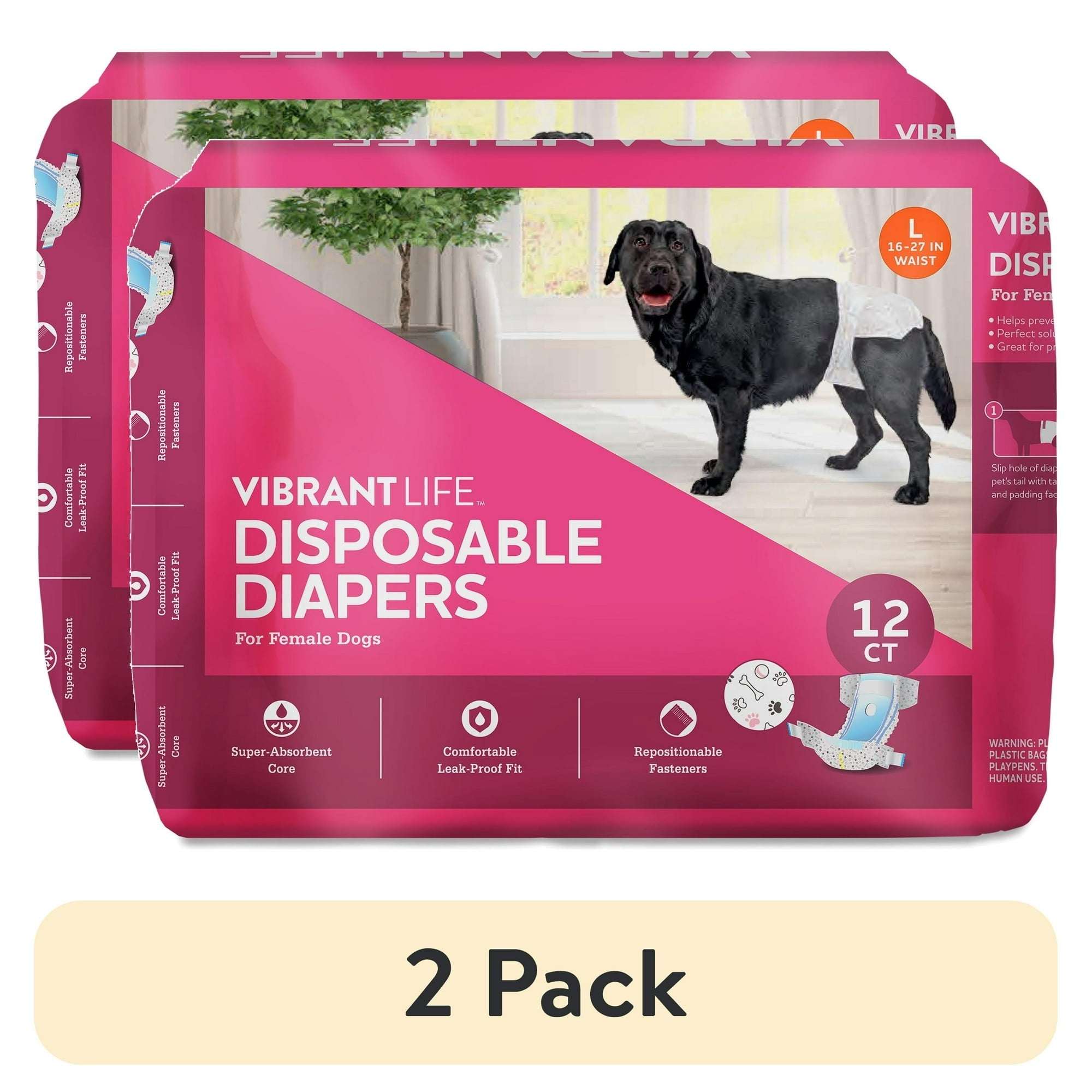 (2 pack) Vibrant Life Disposable Dog Diapers for Female Dogs, L, 12 Count