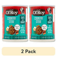 Wet dog food can 2-pack with Country Stew cuts-in-gravy label, chicken flavor.