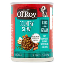 Wet dog food can with Country Stew cuts-in-gravy label and chicken flavor front.