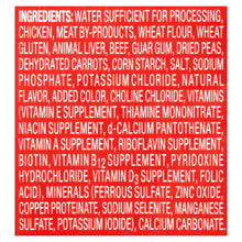 Wet dog food can ingredients panel with listed components and supplements.