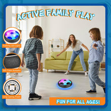 Hover soccer ball toy with flashing LED lights and soft foam bumpers for play