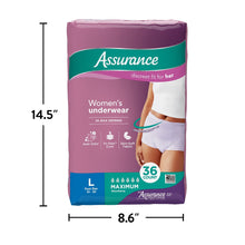 Assurance women’s incontinence underwear pack, L size, 36 count, with dimensions