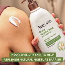 Aveeno Daily Moisturizing body lotion bottle with lotion applied on skin