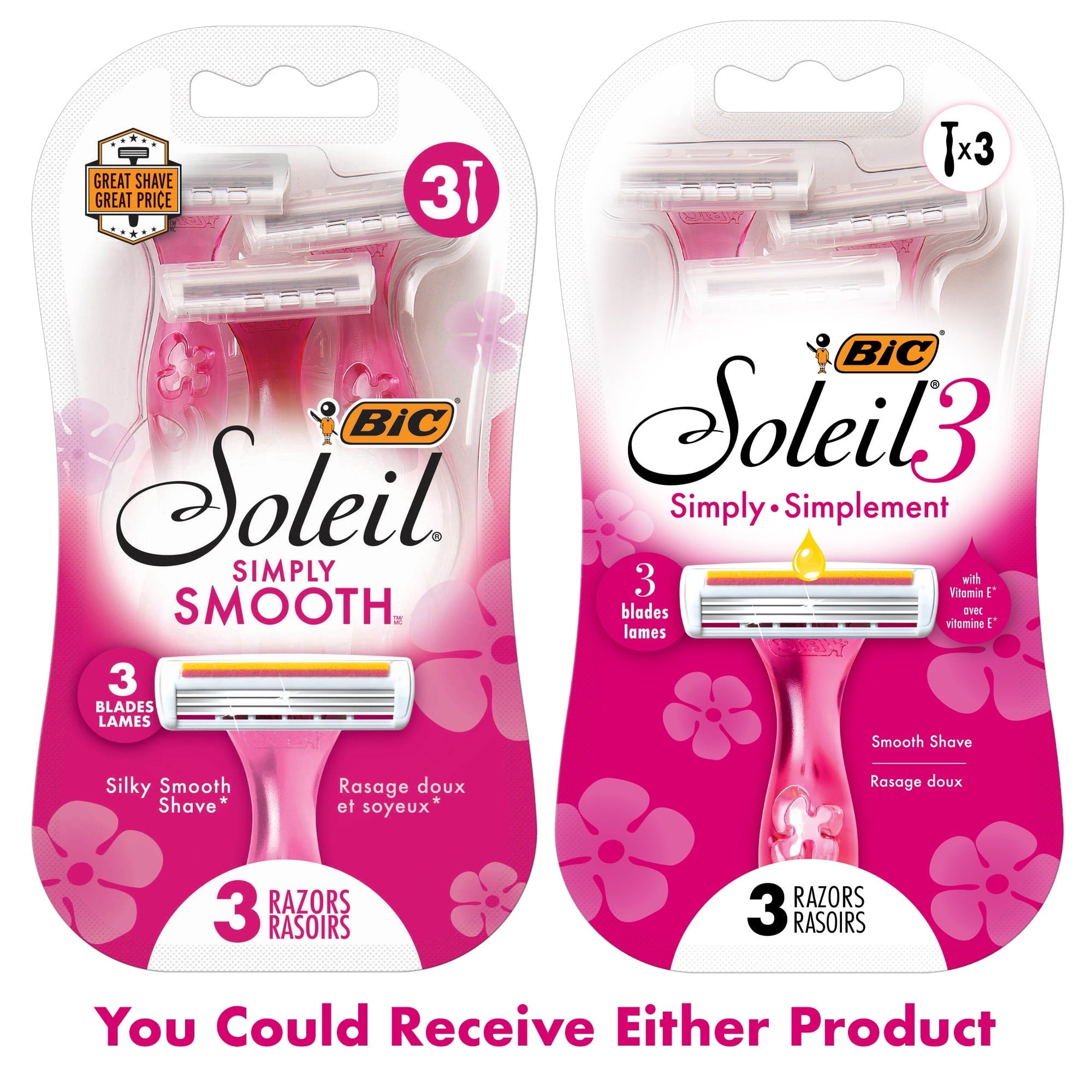 (2 pack) BIC Soleil 3 Simply Women's Disposable Razors, 3 Blades, 3 Count